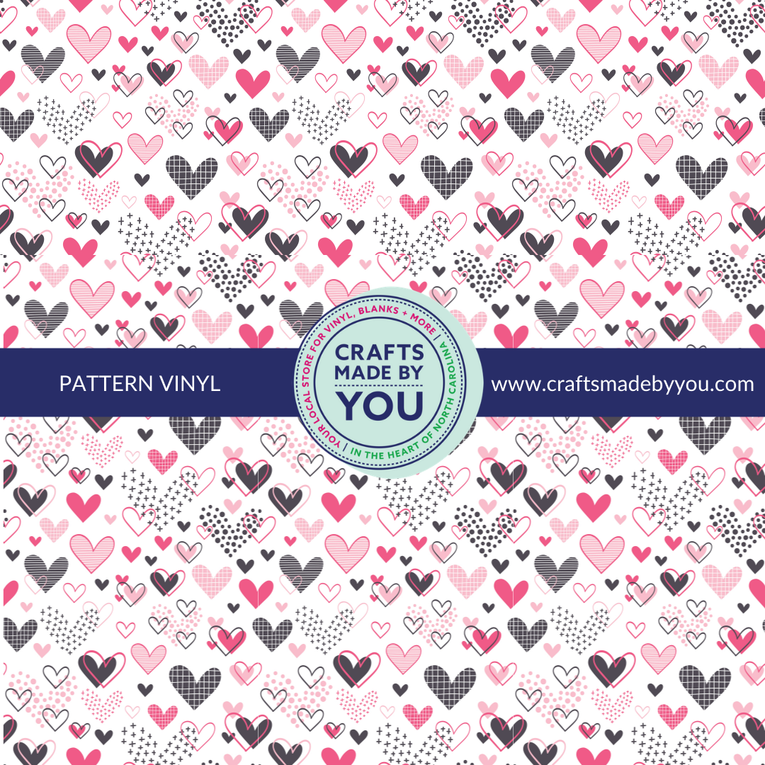 12" x 12" Heat Transfer Vinyl- Pink & Grey Hearts White Background