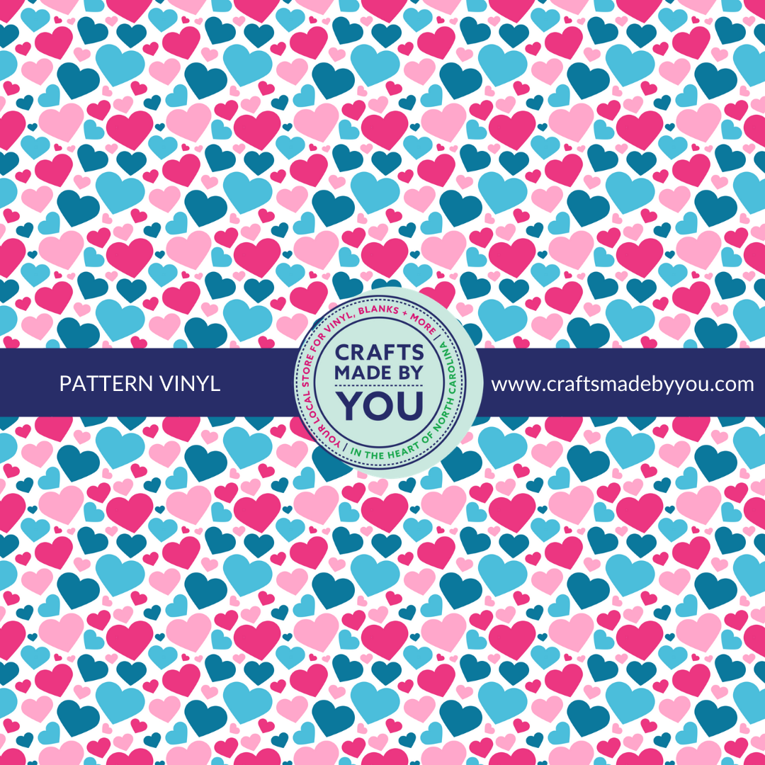 12" x 12" Pattern Adhesive Vinyl- Teal & Pink Big Hearts White Background