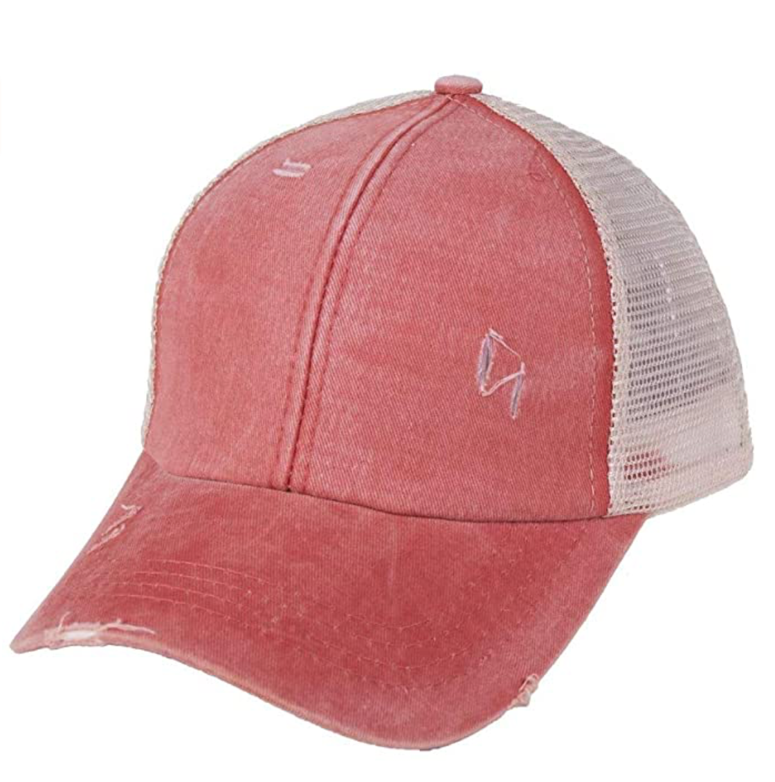 Messy Bun/ Ponytail Distressed Baseball Cap- Vintage Red