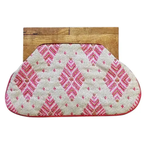 Pink + White Clutch with Wooden Handle