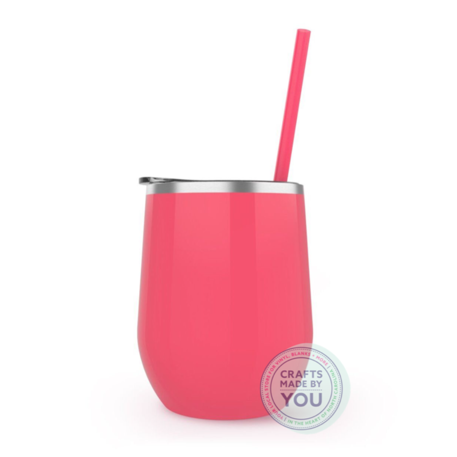 Coral Bev Steel is a 12 oz double wall stainless steel insulated tumbler that comes with a clear push-on lid and matching straw. Non-toxic and BPA-free.