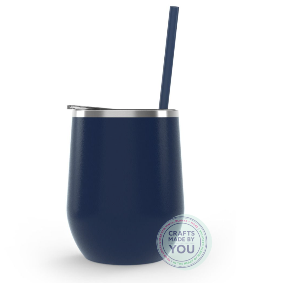 Midnight Navy Coral Bev Steel is a 12 oz double wall stainless steel insulated tumbler that comes with a clear push-on lid and matching straw. Non-toxic and BPA-free.
